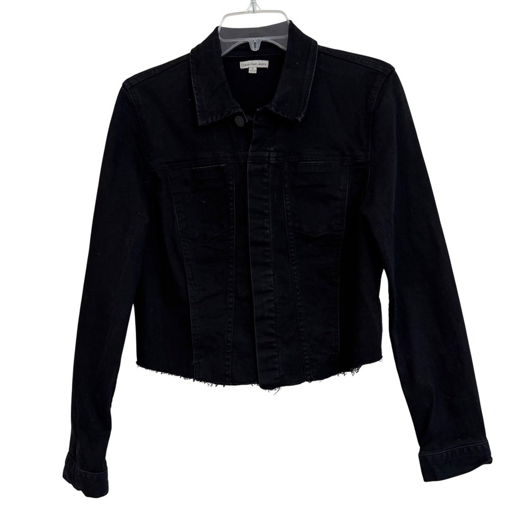 Calvin Klein Jeans Womens Black Denim Cropped Trucker Jacket Raw Hem Size M
